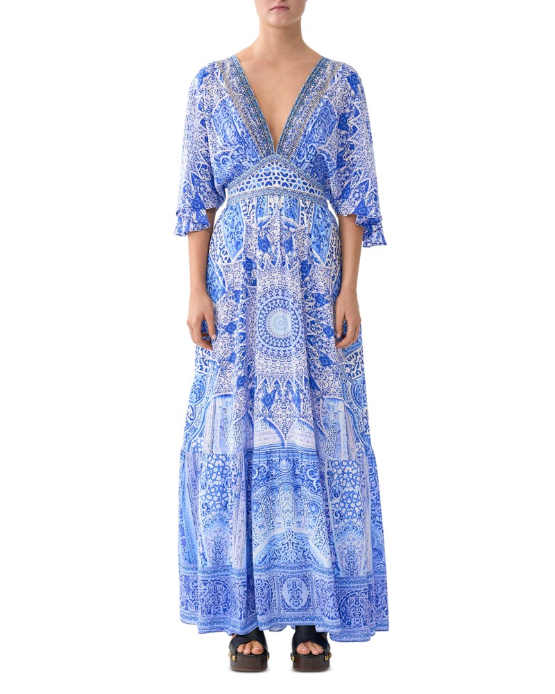 Camilla V Neck Silk Maxi Dress in The Bosphorus
