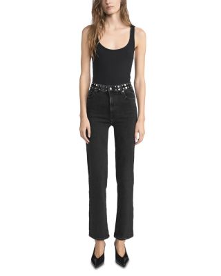 Le Sleek Straight High Rise Studded Jeans in Meteor