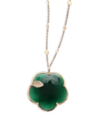 18K Rose Gold Ton Joli Green Agate & White and Champagne Diamond Flower Pendant Necklace, 35.4"