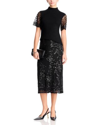 Sequin & Beaded Flutter Sleeve Mock Neck Sweater