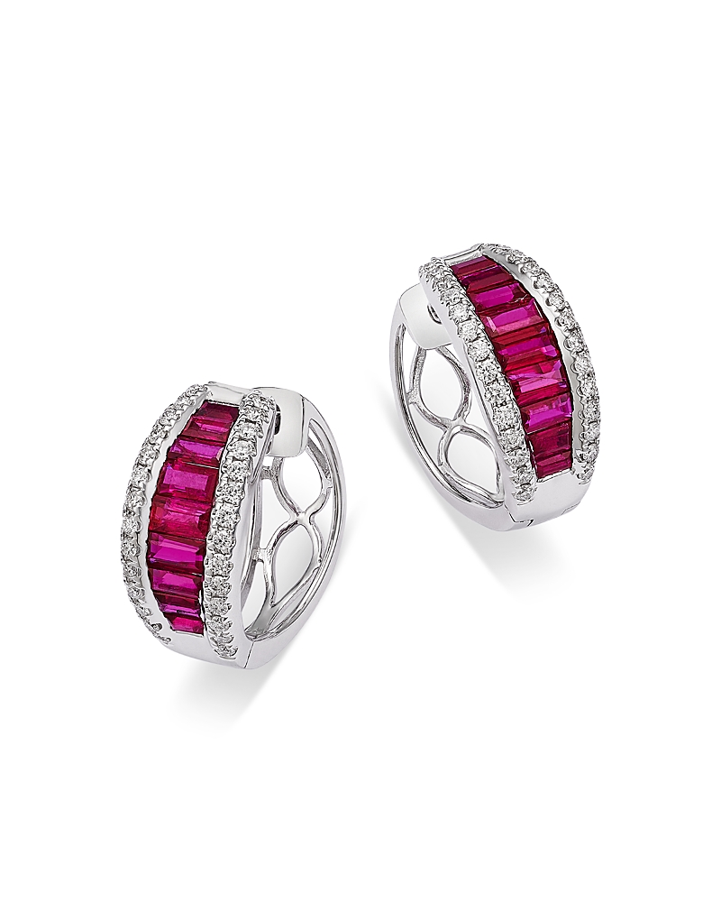 Bloomingdale's Fine Collection Ruby & Diamond Huggie Hoop Earrings In 14k White Gold In Pink