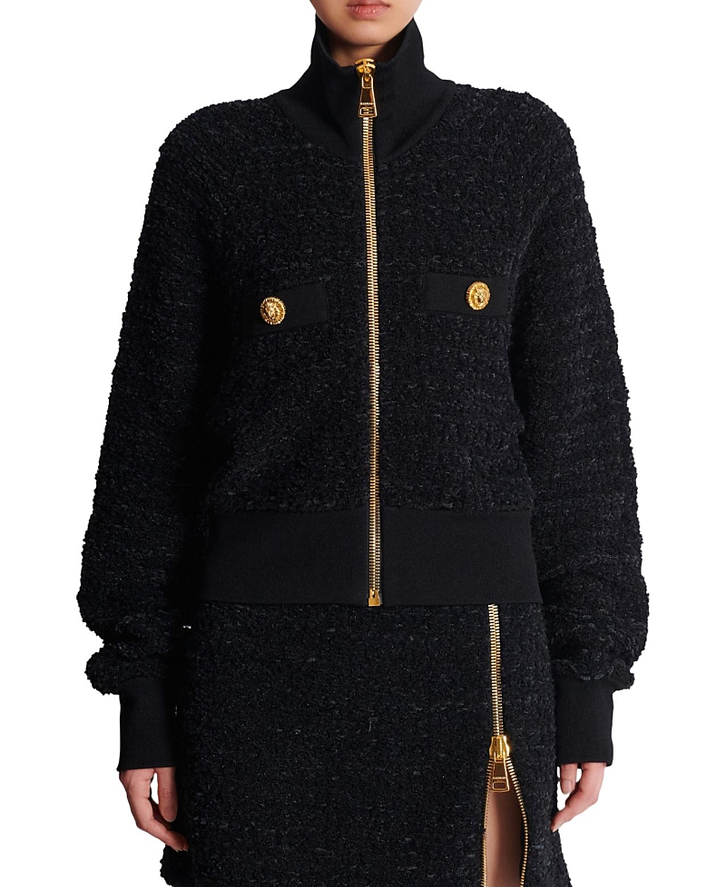 Balmain Tweed Bomber Jacket In Black