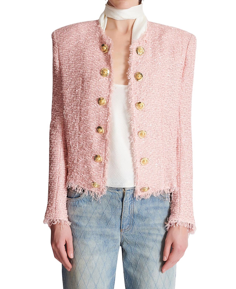Balmain Edge-to-edge Sequin Tweed Jacket In Pink