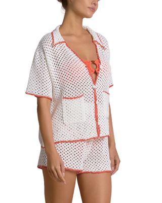 Contrast Button Front Swim Cover Up Shirt