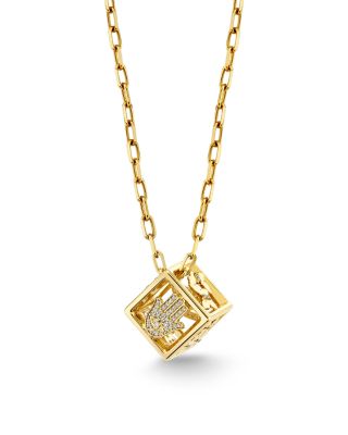 Diamond Pav&eacute; Flower Open Dice Pendant Necklace in 14K Yellow Gold, 0.42 tcw