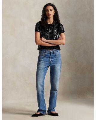 Sequined Mesh Crop Polo Shirt