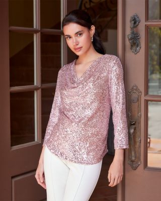 Three Quarter Sleeve Drape Front Sequin Top