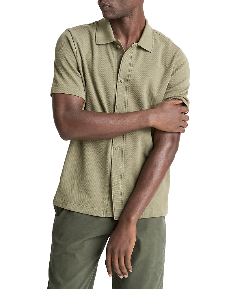 Vince Short Sleeve Jacquard Cotton Knit Button-up Shirt In Green
