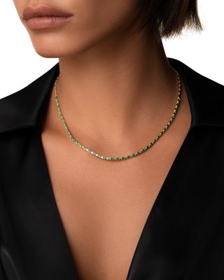 18K Yellow Gold Linear Emerald Baguette  Half Tennis Necklace, 17.5"