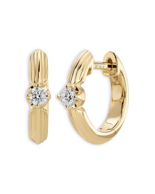 14K Yellow Gold EF Collection Diamond Solitaire Zoe Grooved Hoop Earrings