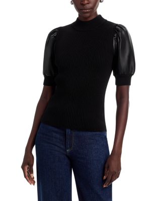 Elbow Sleeve Mock Neck Ribbed Pullover Sweater with Faux Leather Sleeves