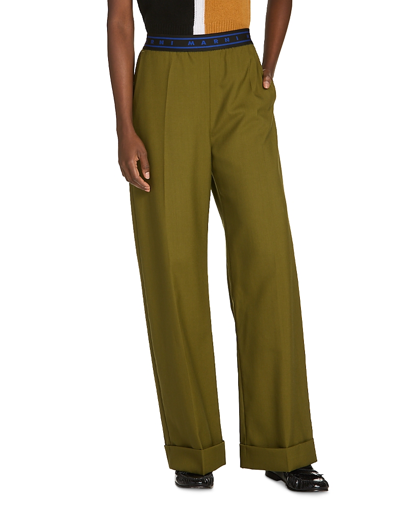 Marni Wool Logo Waistband Straight Pants In Green
