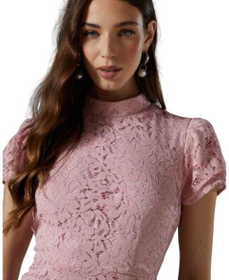 Lace Frill Sleeve High Neck Midi Dress