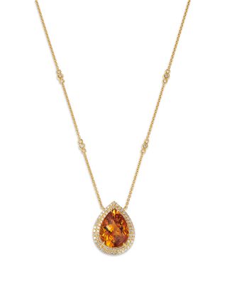 Cognac Citrine & Diamond Pear Shaped Halo Pendant Necklace in 14K Yellow Gold, 18"