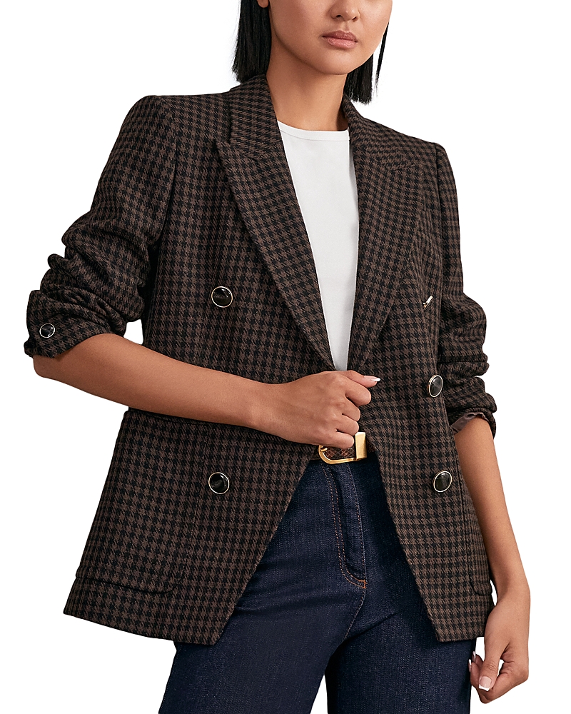 Reiss Womens Brown Check Ayla Checked Double-breasted Wool-blend Blazer In Brown