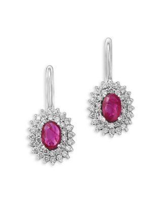Ruby & Diamond Halo Drop Earrings in 14K White Gold