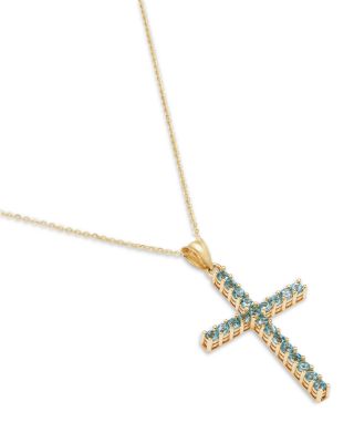 Blue Topaz Cross Pendant Necklace in 14K Yellow Gold, 16-18"