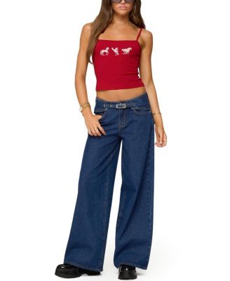 Edie Belt Detail Low Rise Jeans in Dark Rinse Wash