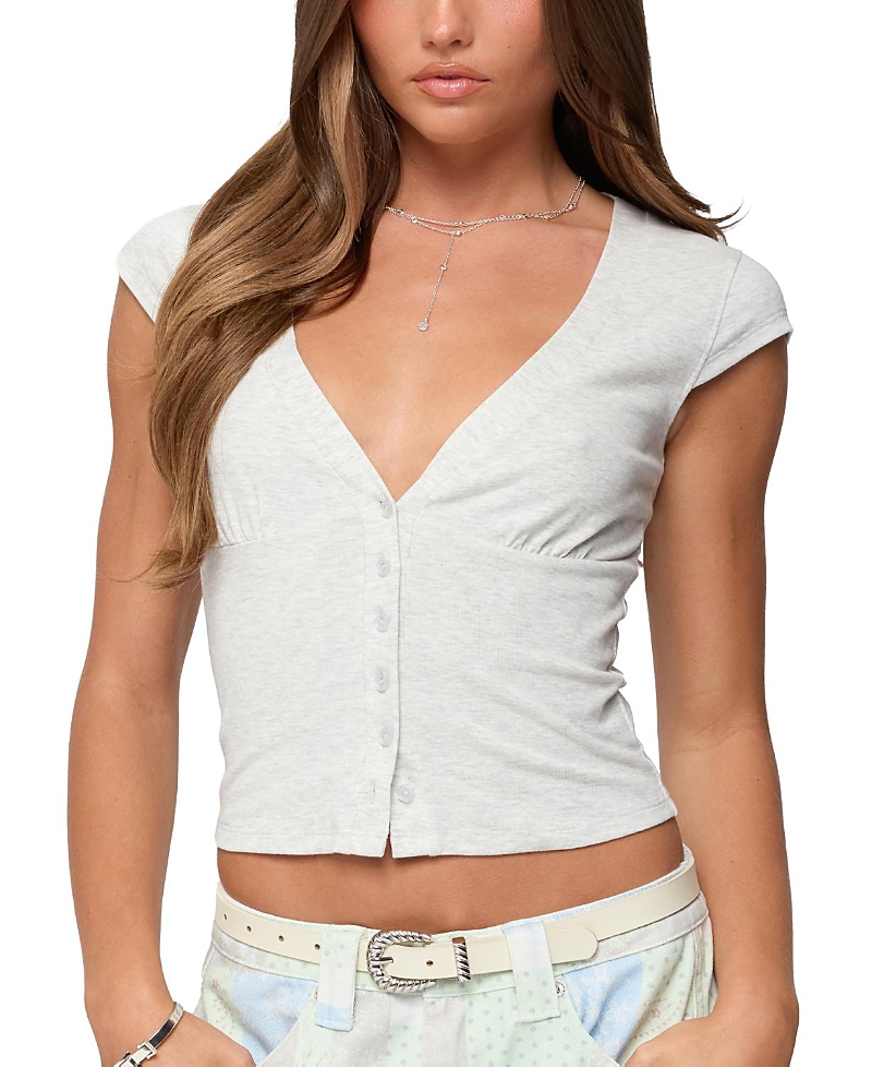 Edikted Alza Crop Stretch Cotton Blend Button-up Shirt In Gray