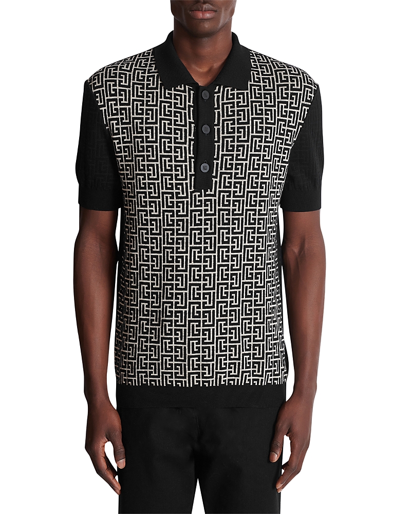 Balmain Wool And Linen Polo Shirt With Monogram Motif In Black