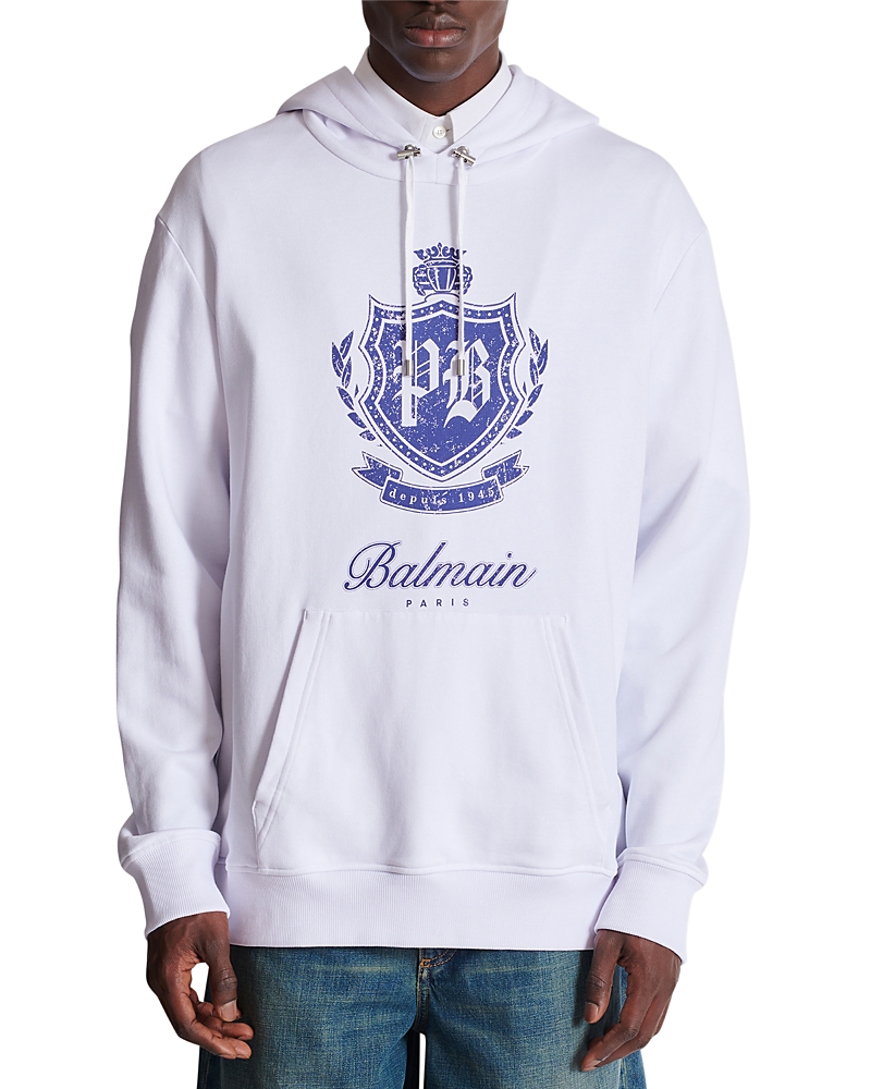 Balmain College Emblem Logo Graphic Hoodie In White