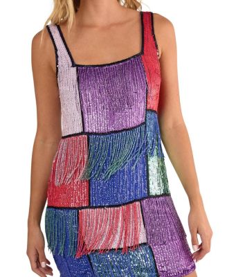 Check Tassel Sequin Mini Dress