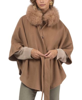 Wool Belted Cape with Lamb Collar