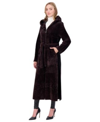 Shearling Zip Parka Coat with Belt