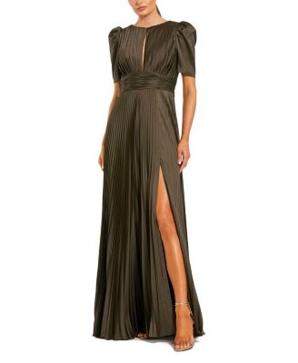  Pleated Charmeuse Puff Sleeve Gown with Slit