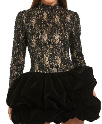 Mock Neck Long Sleeve Lace and Velvet Mini Dress