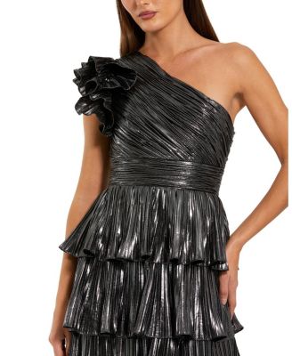  Pleated Metallic Ruffle Tiered One Shoulder Gown