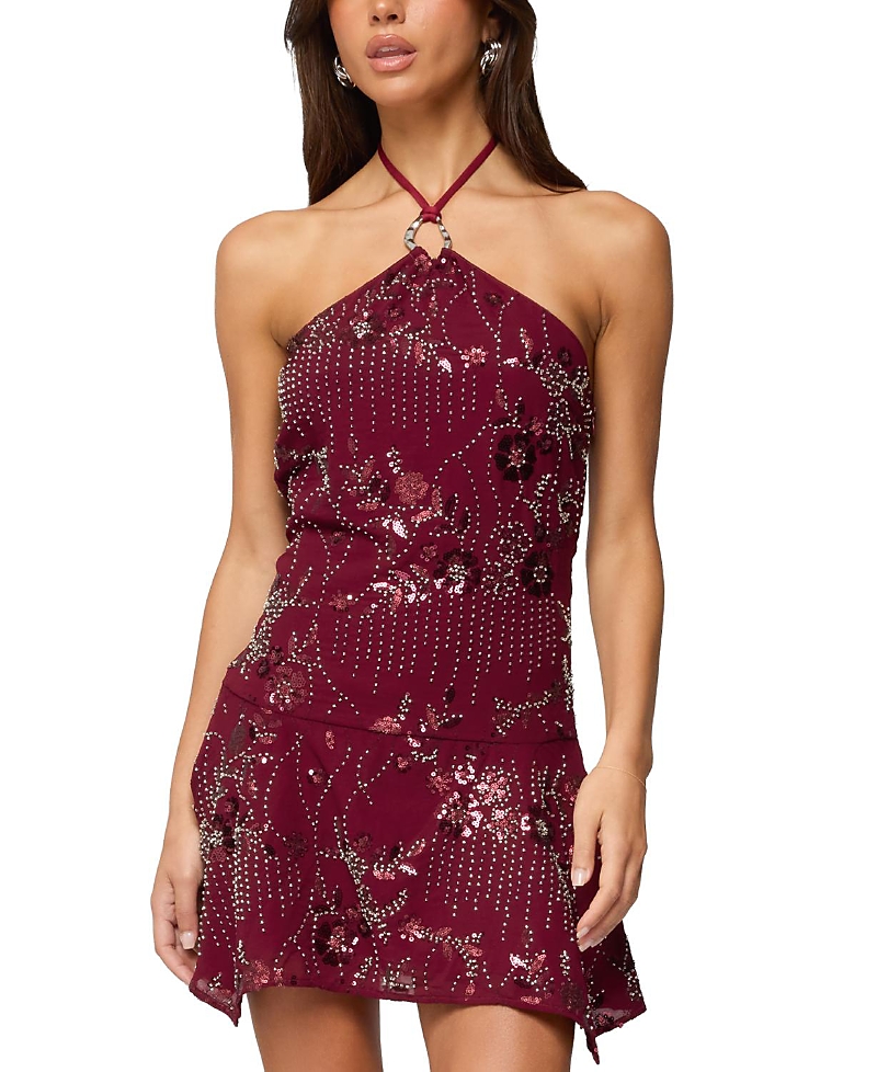 Edikted Adria Beaded Sequin Halter Minidress In Burgundy