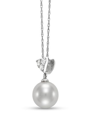 Freshwater Pearl & Diamond Heart Pendant Necklace in 14K White Gold, 16-18"