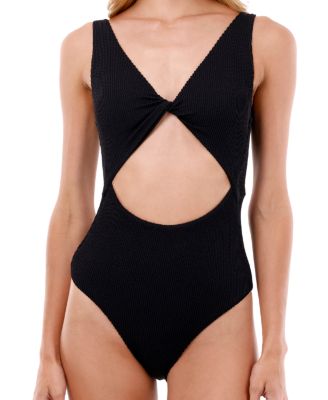 Textured Wave Black Twix Cut Out Moderate Coverage One Piece