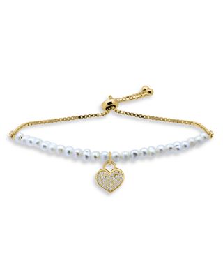 Pav&eacute; Heart Charm Cultured Freshwater Pearl Beaded Slider Bracelet - Exclusive 