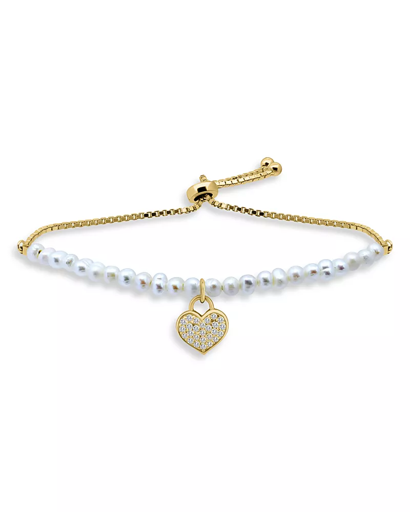Aqua Pave Heart Charm Cultured Freshwater Pearl Beaded Slider Bracelet - Exclusive