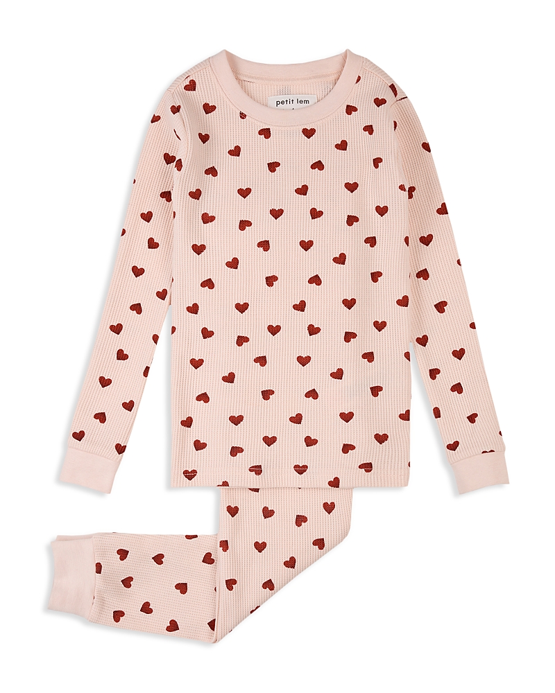 Petit Lem Girls' Hearts Print Thermal Pajama Set - Little Kid In Pink