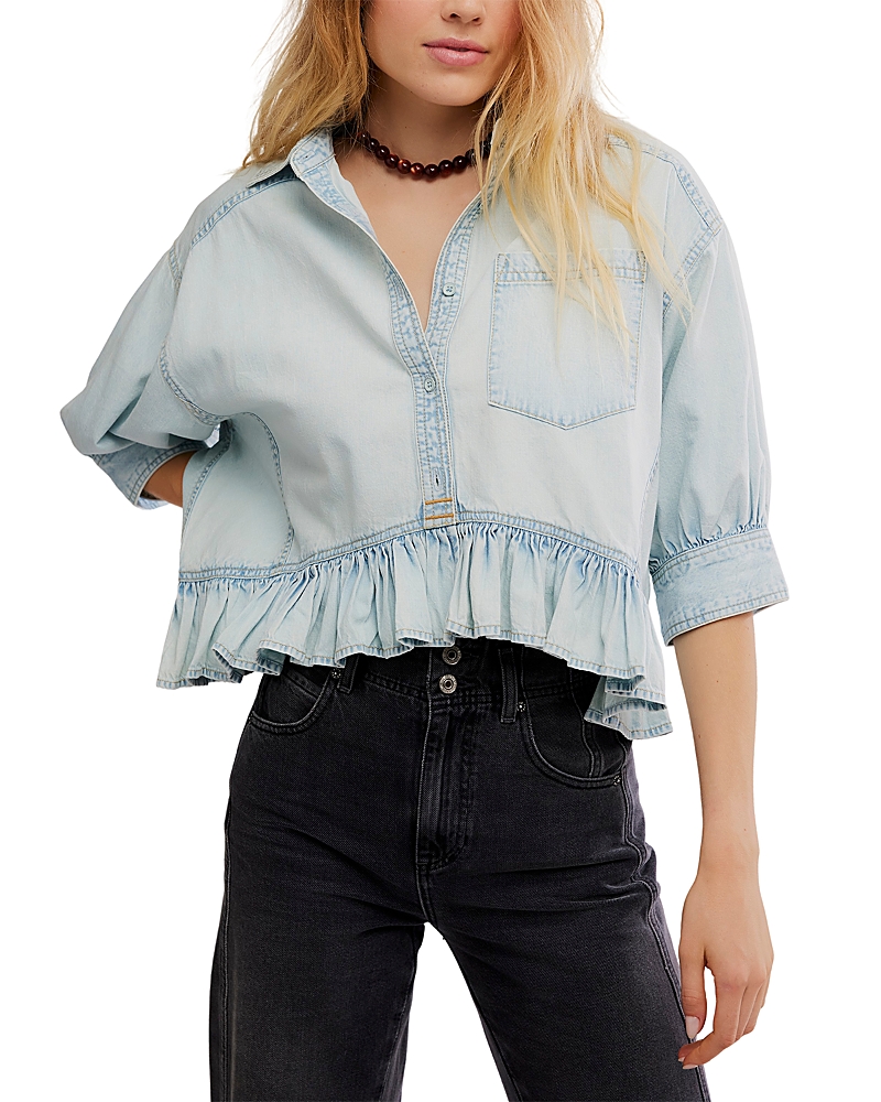 Free People Bailey Ruffled Denim Shirt In Blue