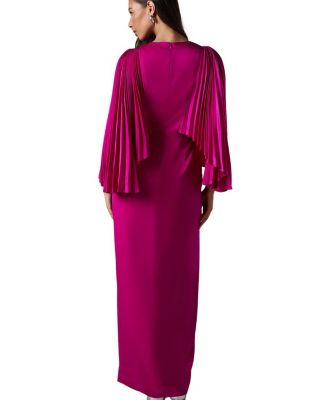 Short Sleeve Pleated Cape Maxi Dress