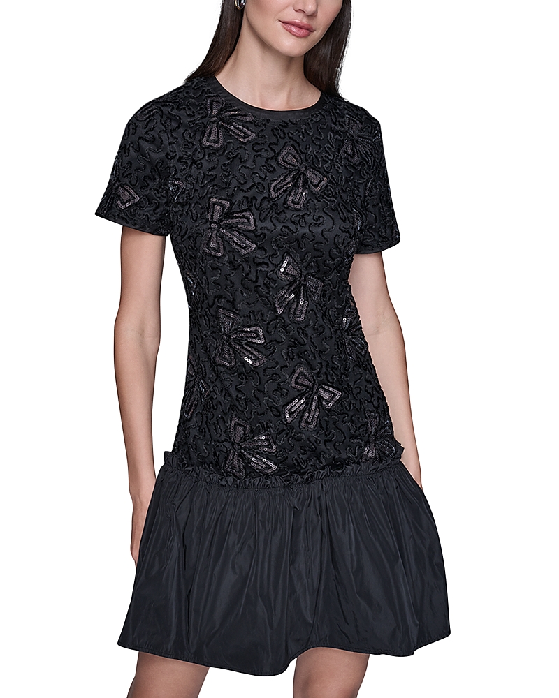 Karl Lagerfeld Chenille Sequin Mesh A Line Dress In Black