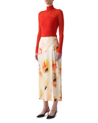 Washed Satin Watercolor Floral Bias Slip Pencil Midi Skirt