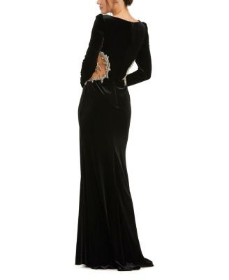  Long Sleeve Sheer Embellished Velvet Gown