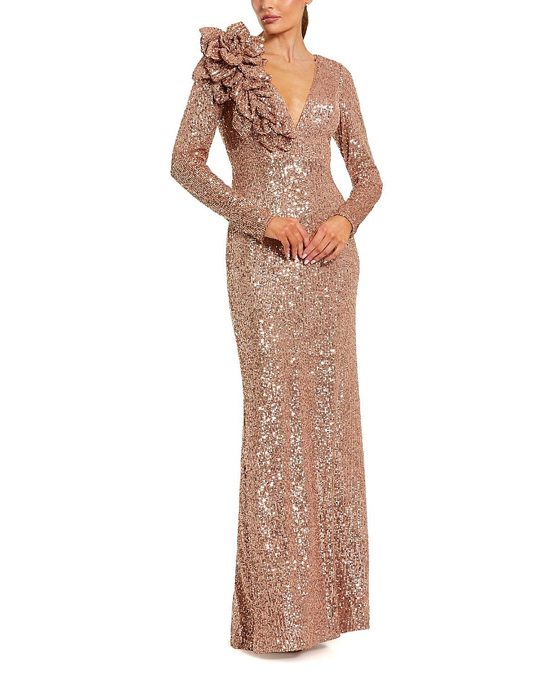 Mac Duggal V-Neck Long Sleeve 3D Floral Sequin Gown