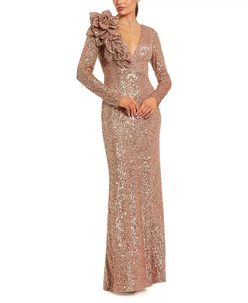 Mac Duggal V-Neck Long Sleeve 3D Floral Sequin Gown