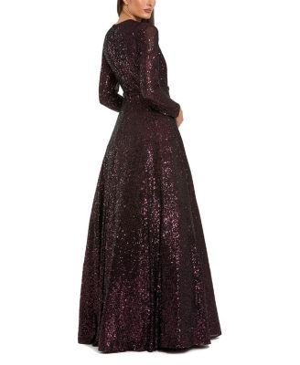  Long Sleeve Sequin Ballgown With 3D Flower