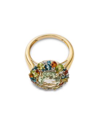 Prasiolite, Multi Gemstone & Diamond Halo Ring in 14K Yellow Gold