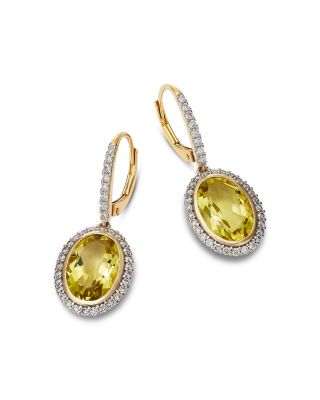 Lemon Quartz & Diamond Halo Drop Earrings in 14K Yellow Gold