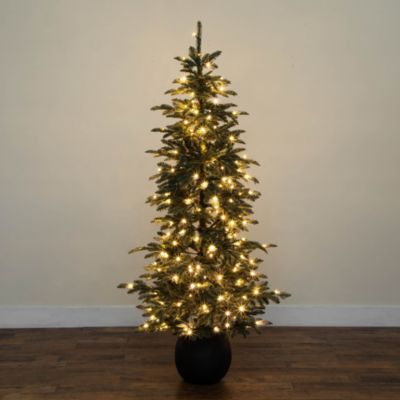 Pre-Lit Artificial Pine 6' Christmas Tree in Round Planter with Warm White LED Lights