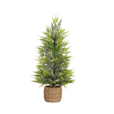 Pre-Lit Artificial Lightly Snowed Cypress 32" Christmas Tree with Warm White LED Lights in Decorative Basket