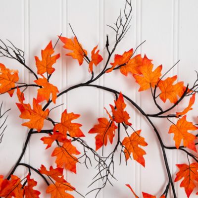 Pre-Lit Autumn Maple Artificial Fall 6&#39; Garland with Warm White LED Lights